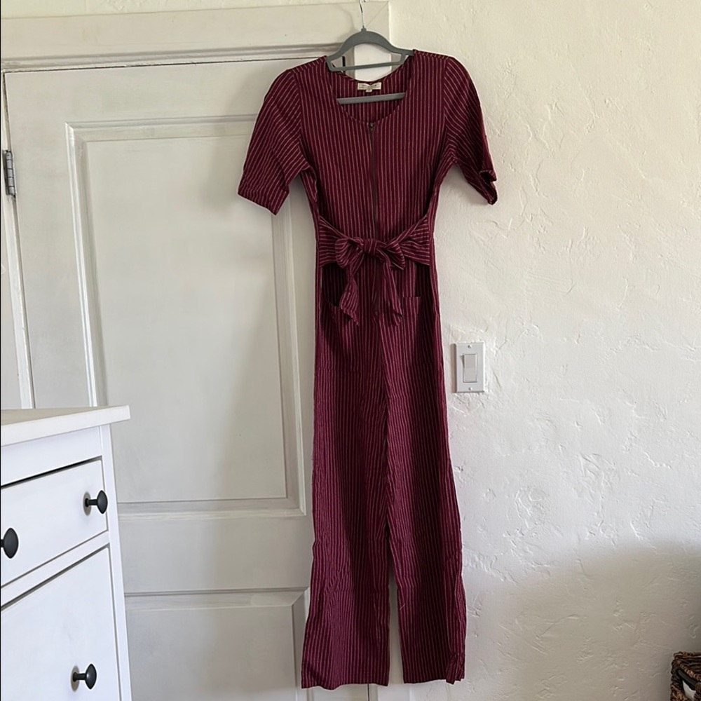 Red Pin Stripe Jumpsuit with Waist Tie